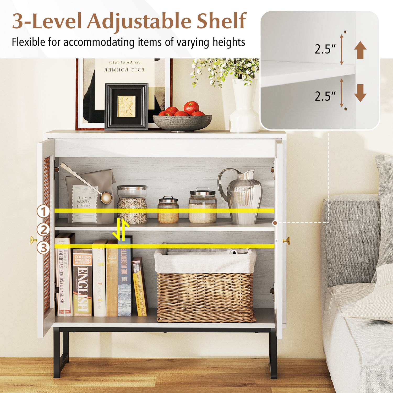 Buffet Cabinet Rattan Storage Cabinet with 2 Doors and Adjustable Shelf