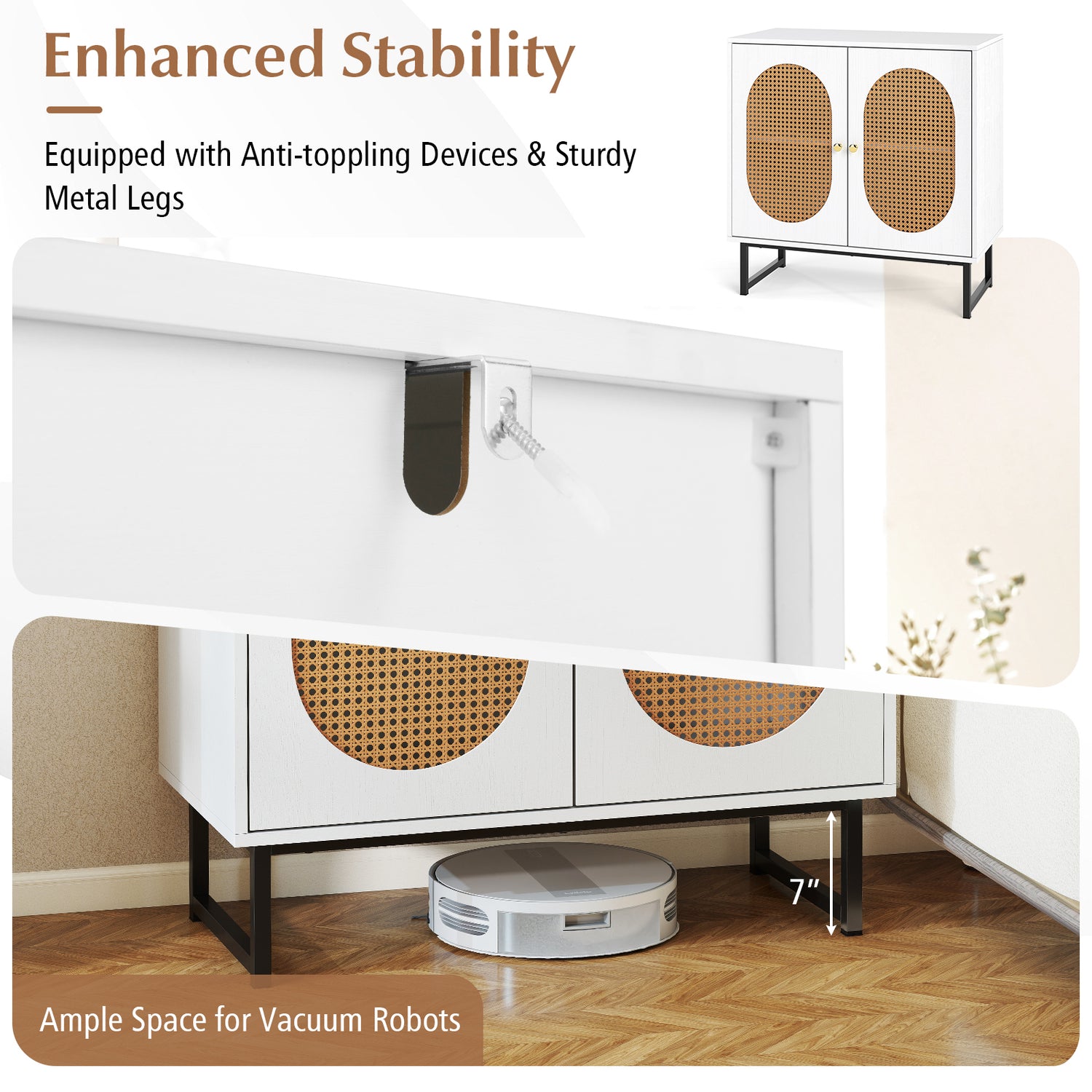 Buffet Cabinet Rattan Storage Cabinet with 2 Doors and Adjustable Shelf