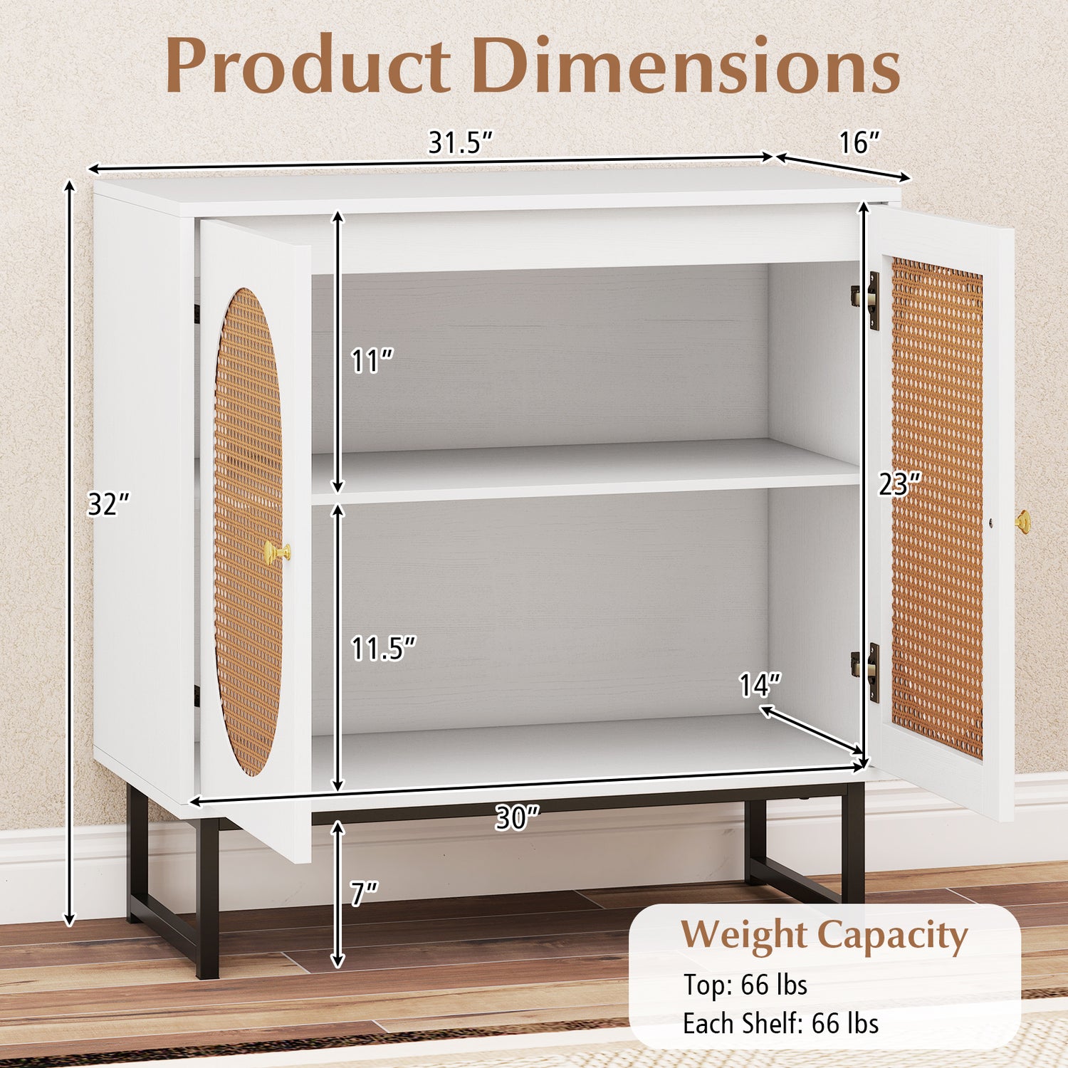 Buffet Cabinet Rattan Storage Cabinet with 2 Doors and Adjustable Shelf
