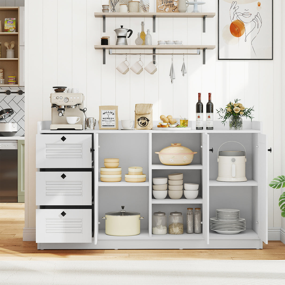 Buffet Cabinet with Storage Modern Sideboard Cabinet with 3 Doors-White