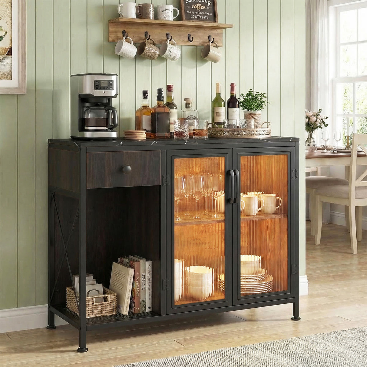 Buffet Sideboard with Doors Power Outlets and LED Light