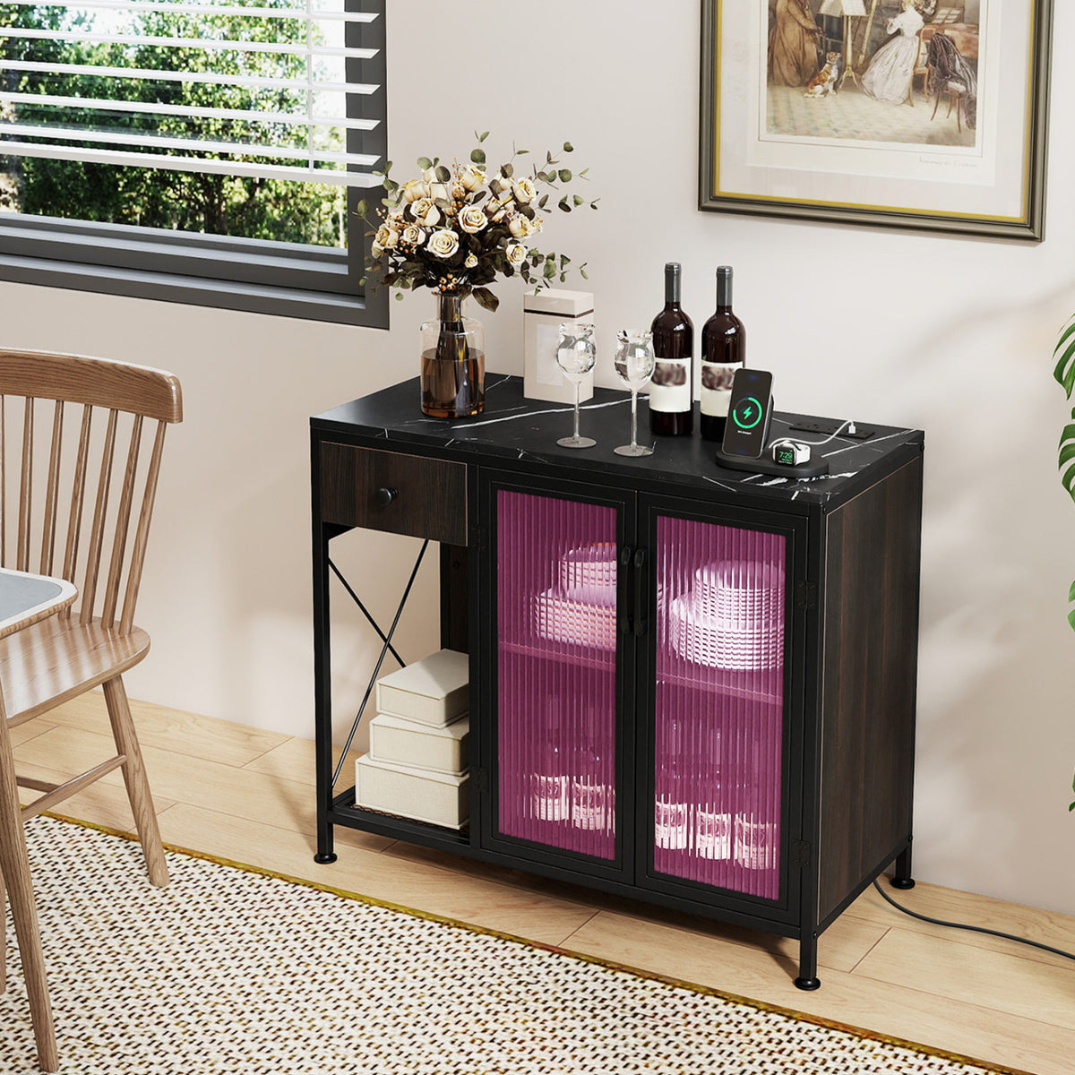 Buffet Sideboard with Doors Power Outlets and LED Light