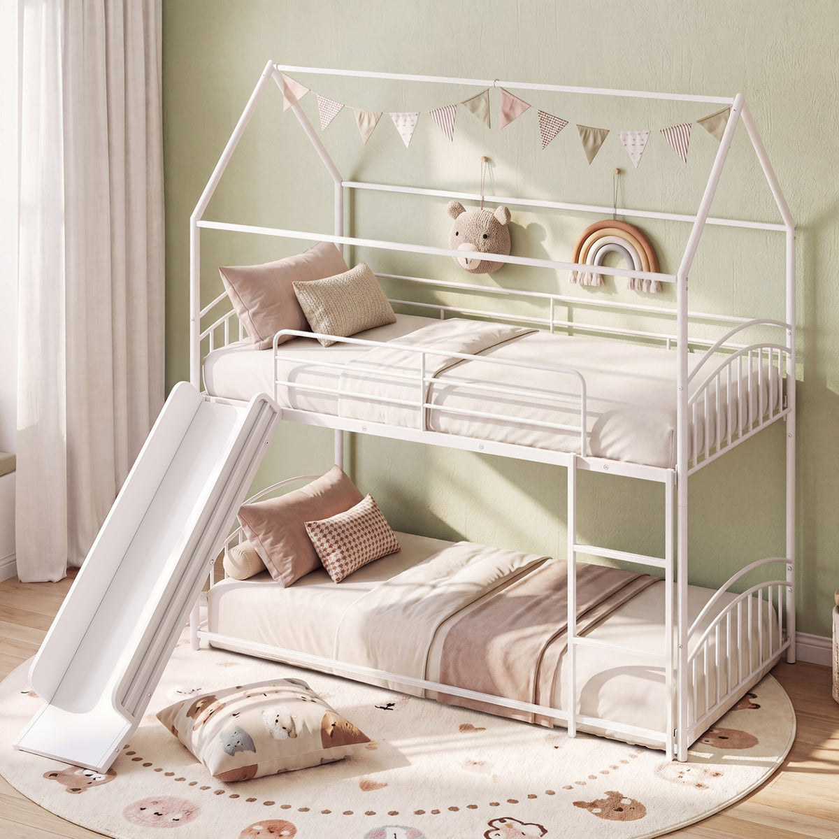 Bunk Bed Twin Over Twin House Bunk Bed Frame with Metal Slats