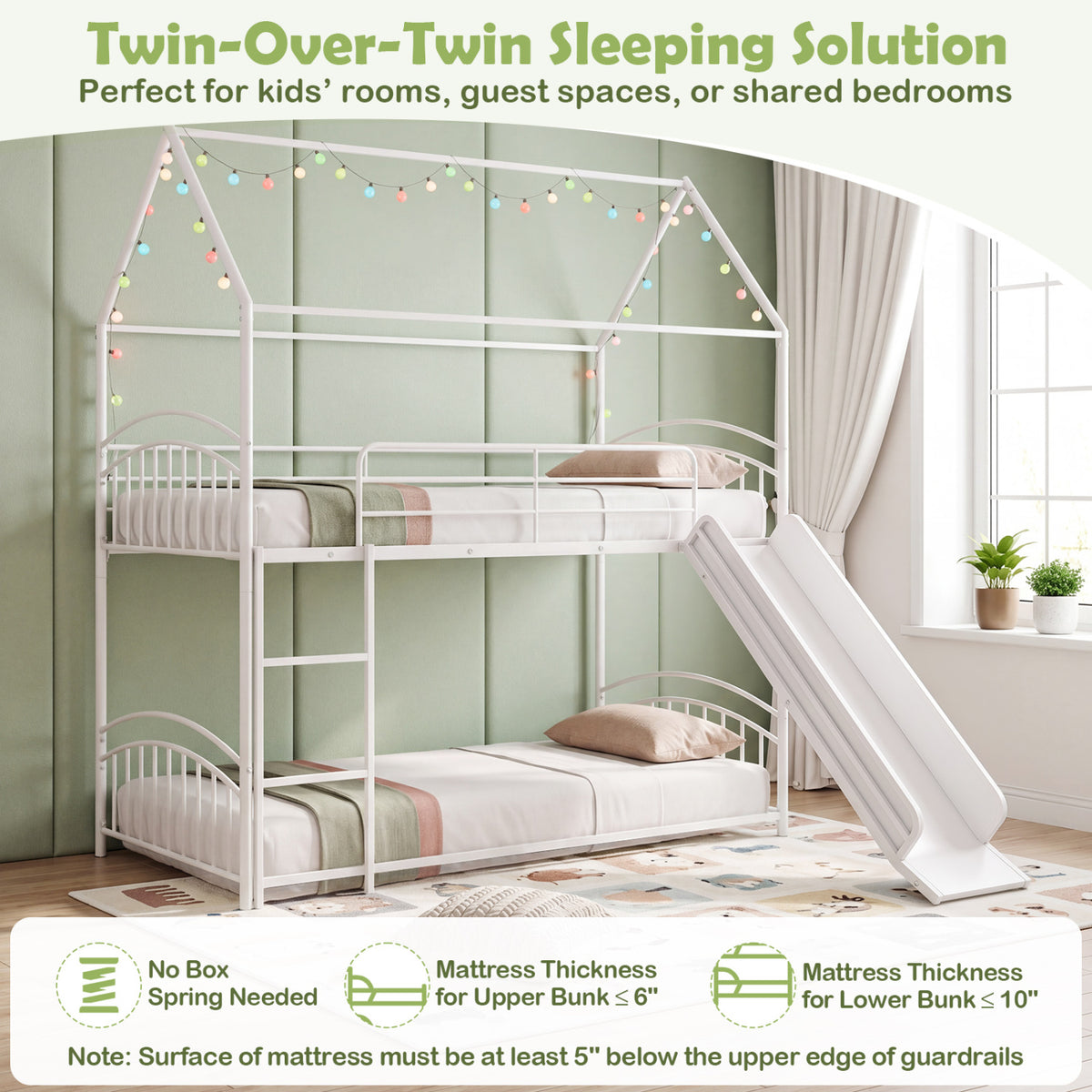 Bunk Bed Twin Over Twin House Bunk Bed Frame with Metal Slats