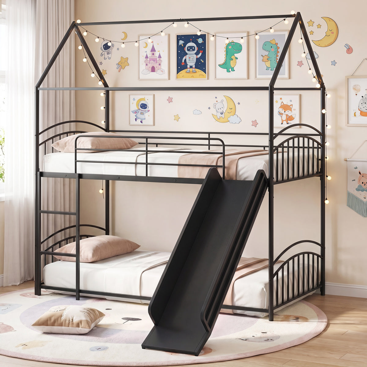 Bunk Bed Twin Over Twin House Bunk Bed Frame with Metal Slats