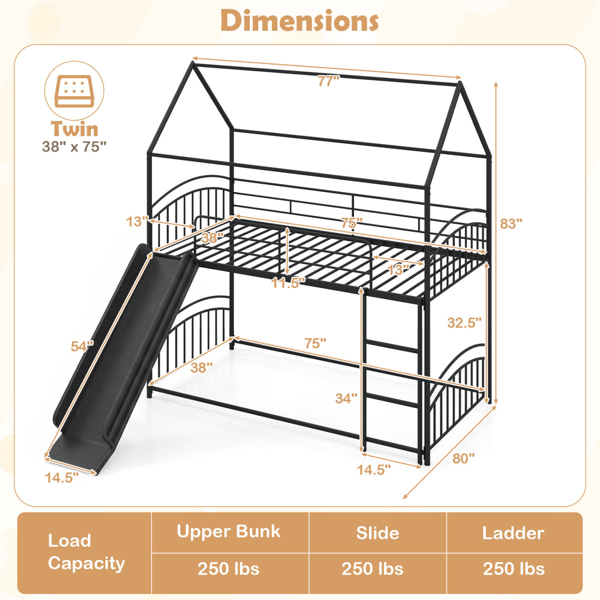 Bunk Bed Twin Over Twin House Bunk Bed Frame with Metal Slats