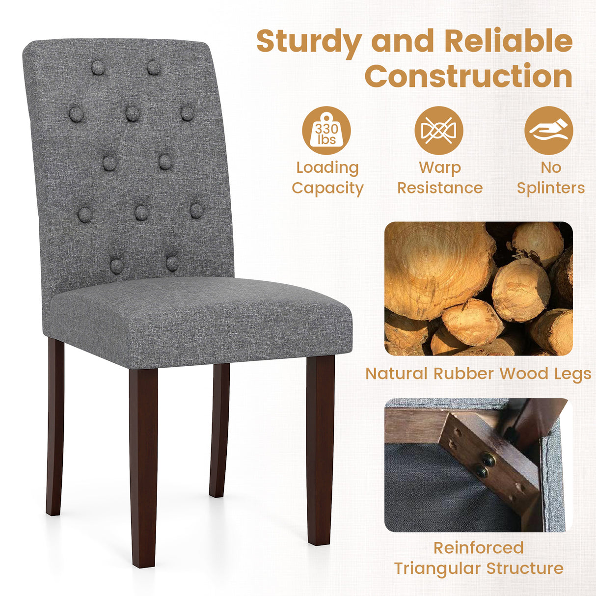 Button Tufted Fabric Upholstered Wooden Dining Chair Set of 2 with High Curved Back