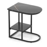 C-shaped Modern Sofa Side Table with Faux Marble Tabletop and Storage Shelf
