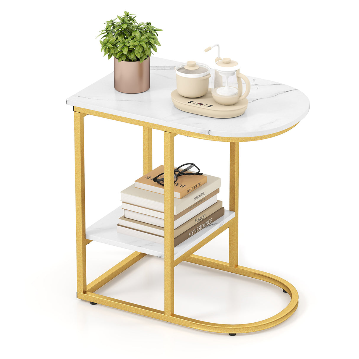 C-shaped Modern Sofa Side Table with Faux Marble Tabletop and Storage Shelf
