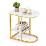 C-shaped Modern Sofa Side Table with Faux Marble Tabletop and Storage Shelf