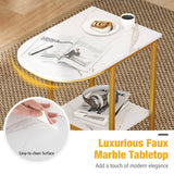 C-shaped Modern Sofa Side Table with Faux Marble Tabletop and Storage Shelf