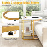 C-shaped Modern Sofa Side Table with Faux Marble Tabletop and Storage Shelf