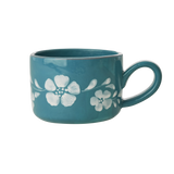 Ceramic Cappuccino Cup with Hand Painted White Flowers Vine - 6.7 oz