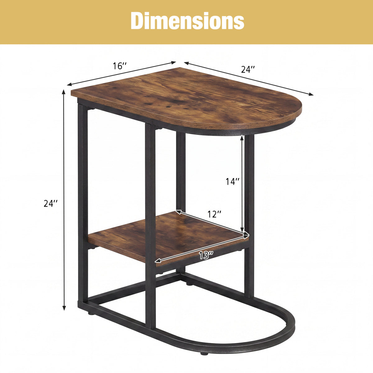 C-shaped Modern Sofa Side Table with Storage Shelf Faux and Marble Tabletop