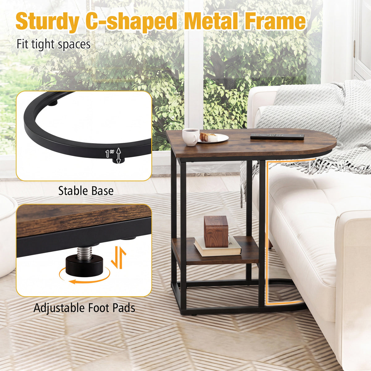 C-shaped Modern Sofa Side Table with Storage Shelf Faux and Marble Tabletop