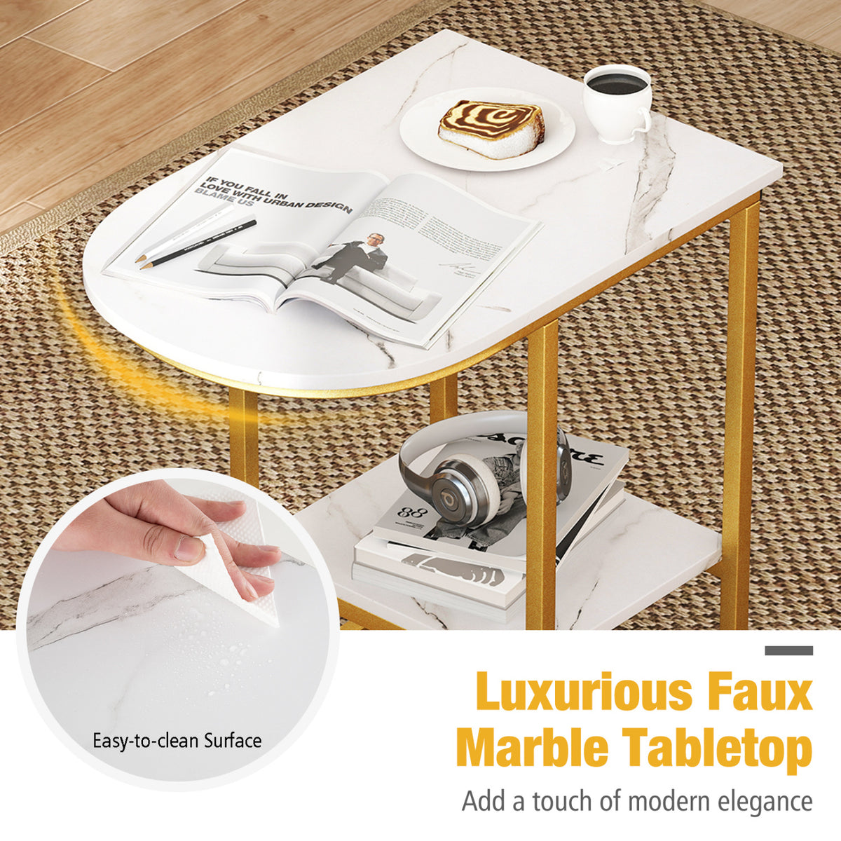 C-shaped Modern Sofa Side Table with Storage Shelf Faux and Marble Tabletop