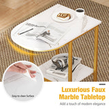 C-shaped Modern Sofa Side Table with Storage Shelf Faux and Marble Tabletop