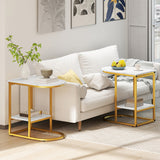 C-shaped Modern Sofa Side Table with Storage Shelf Faux and Marble Tabletop