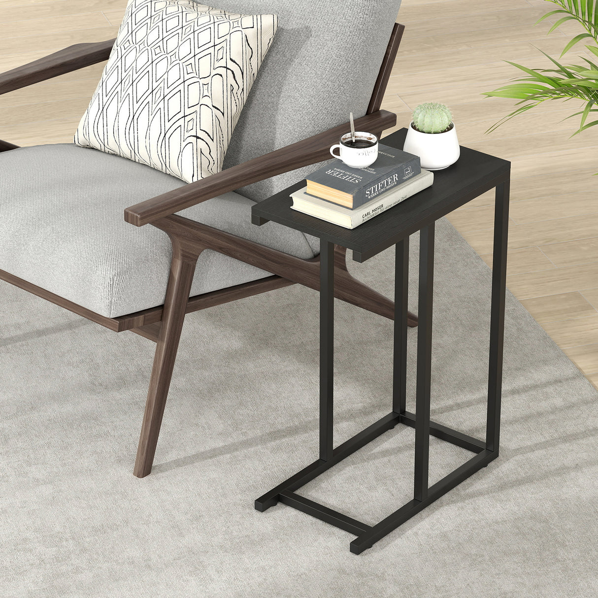 C-shaped Side Table with Heavy-duty Metal Frame