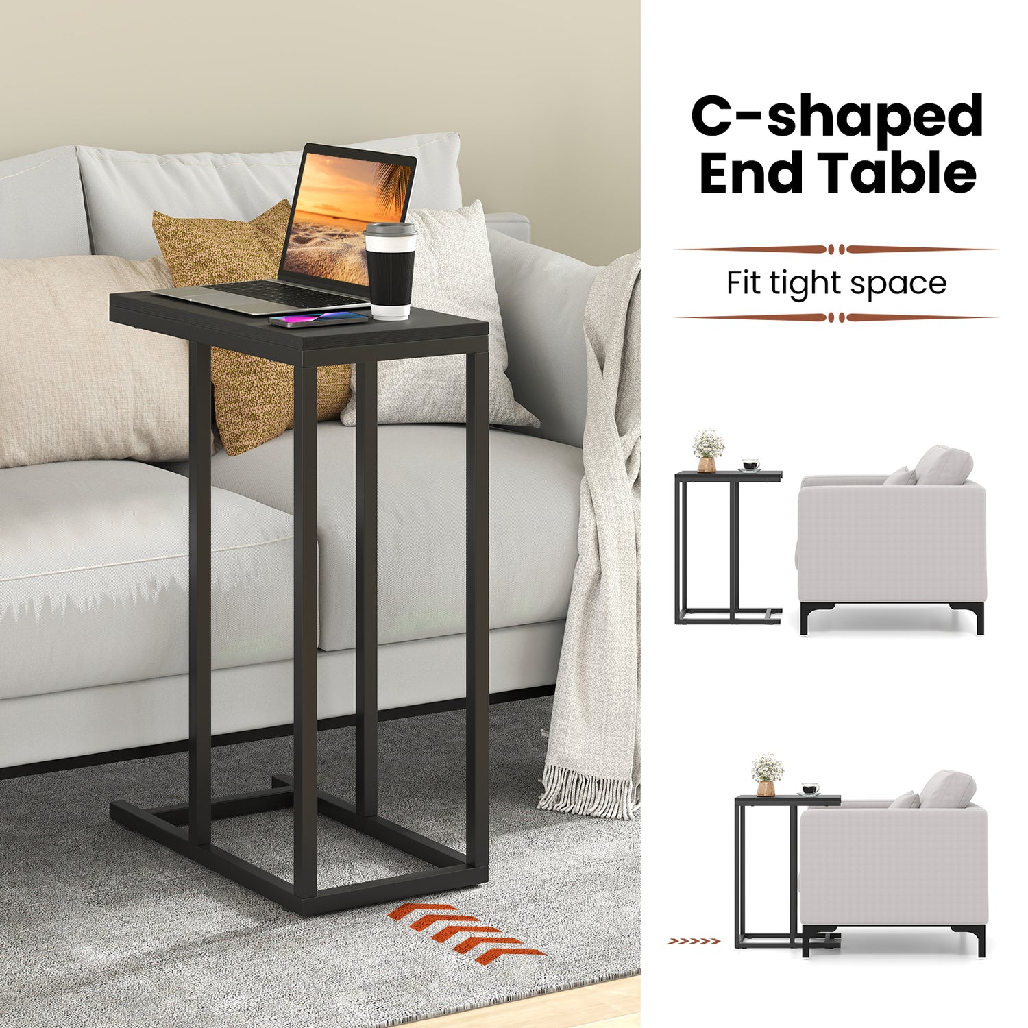 C-shaped Side Table with Heavy-duty Metal Frame
