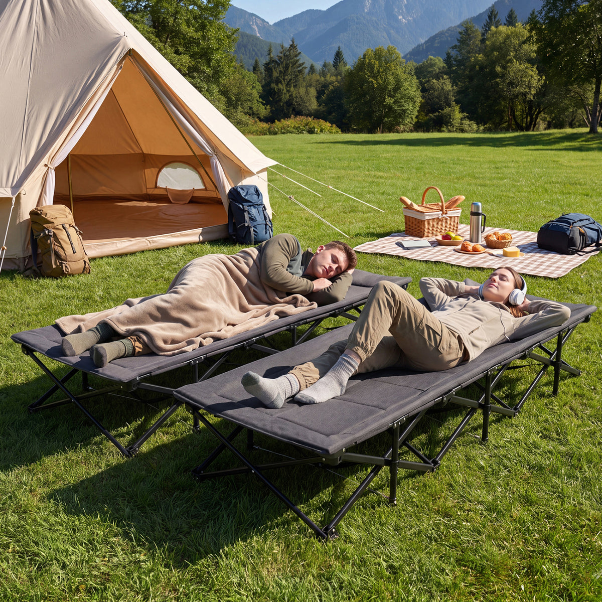 Camping Cot with  Padded Pillow and Storage Pouch for Camping Travel-Gray