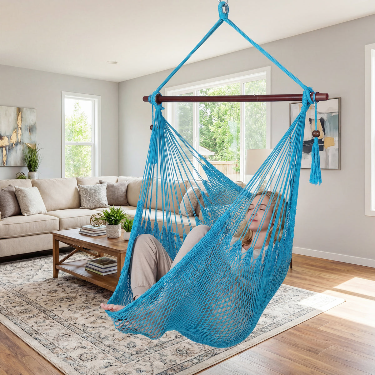 Caribbean Hammock Chair with Metal Spreader Bar Woven Rope Swing
