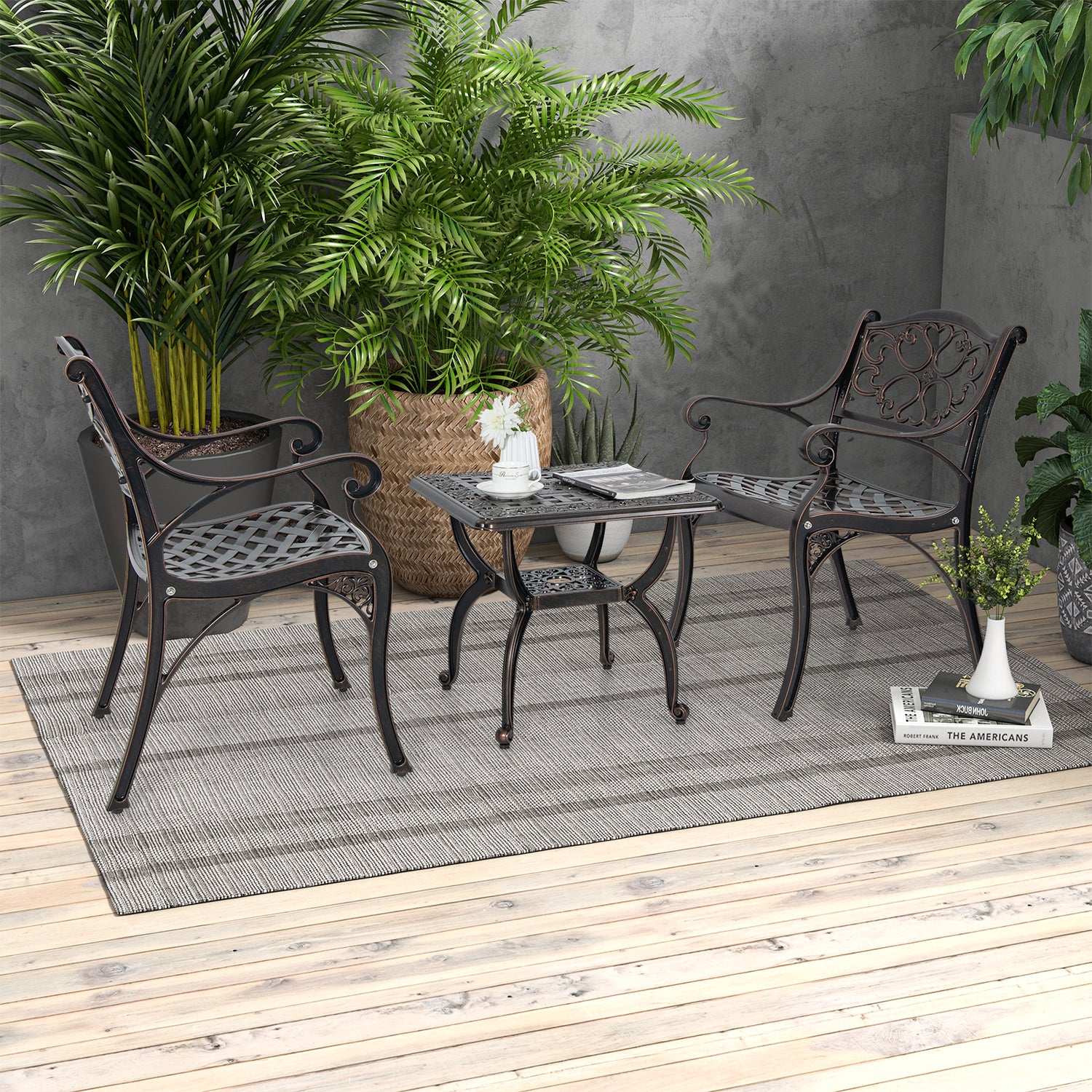 Cast Aluminum Outdoor Side Table with Storage Shelf for Garden Porch Balcony-Rustic Brown