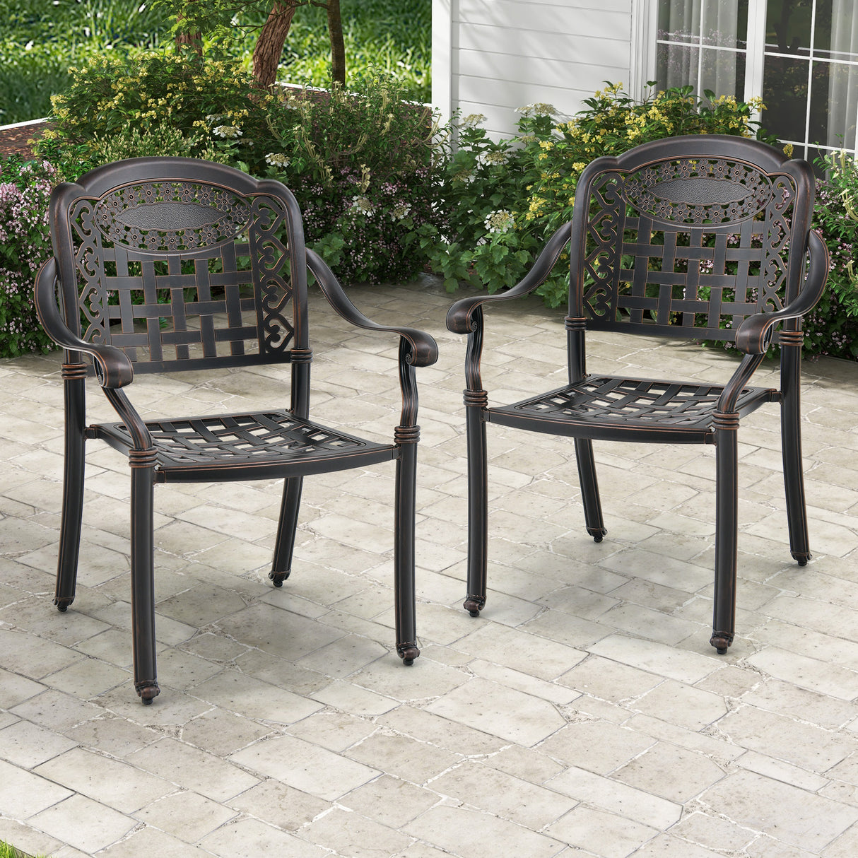 Set of 2 Cast Aluminum Patio Chairs with Armrests