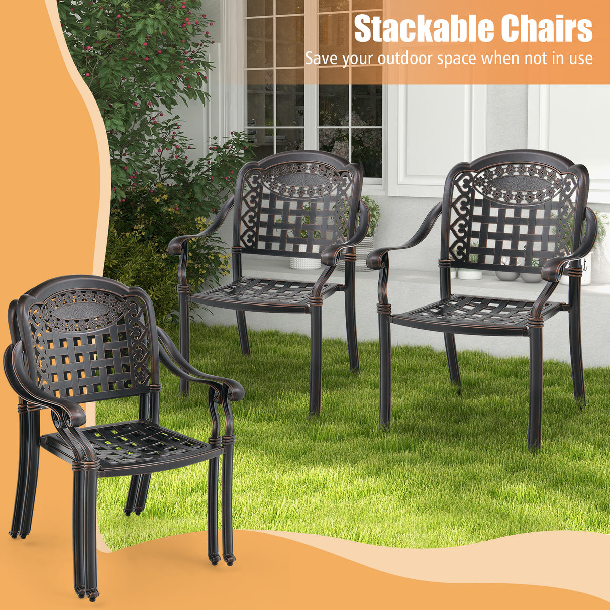 Set of 2 Cast Aluminum Patio Chairs with Armrests