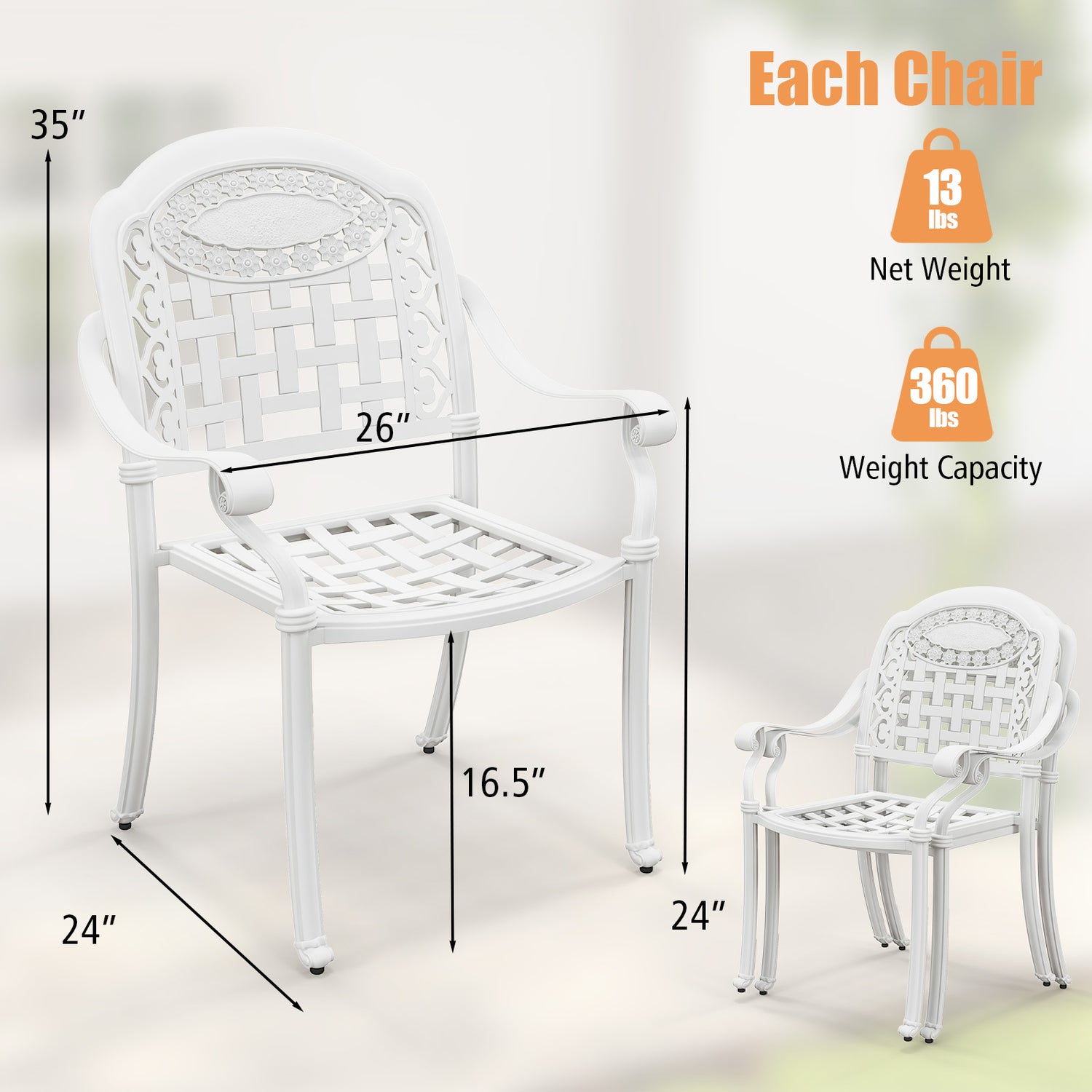 Set of 2 Cast Aluminum Patio Chairs with Armrests