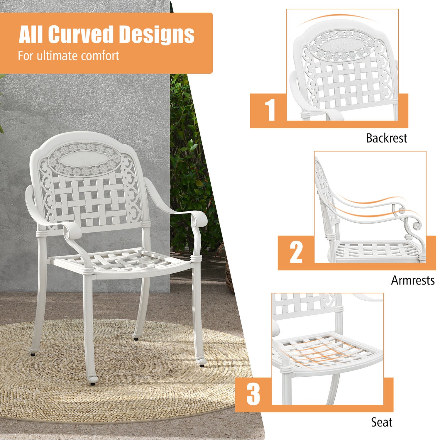Set of 2 Cast Aluminum Patio Chairs with Armrests