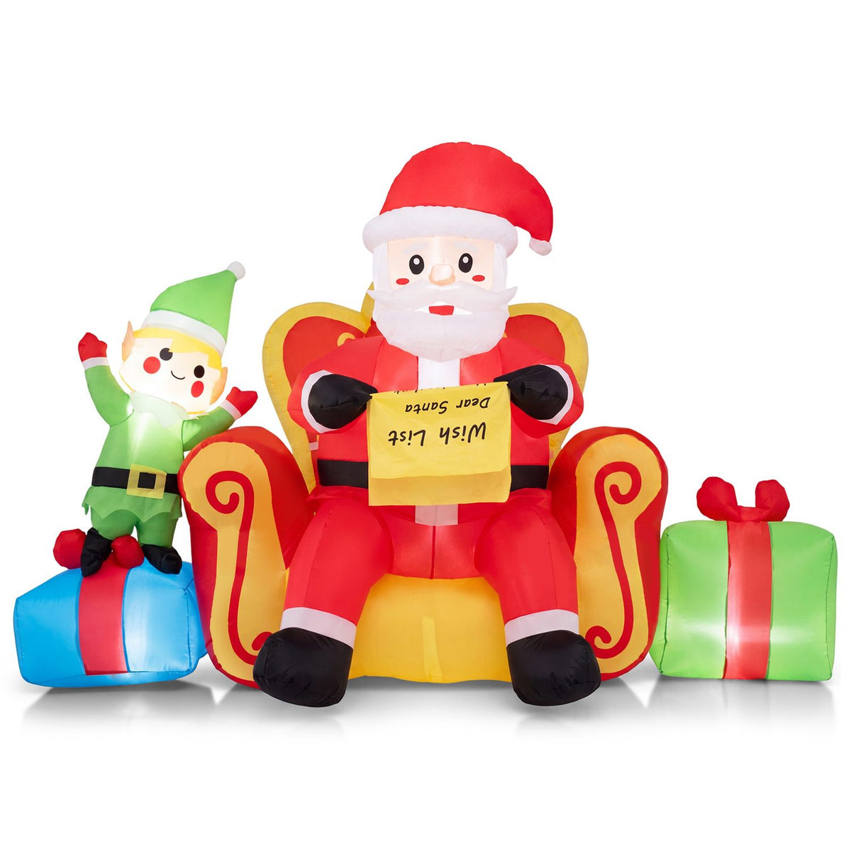 Christmas Inflatable Santa Claus on Sofa with Elf and Gift Boxes