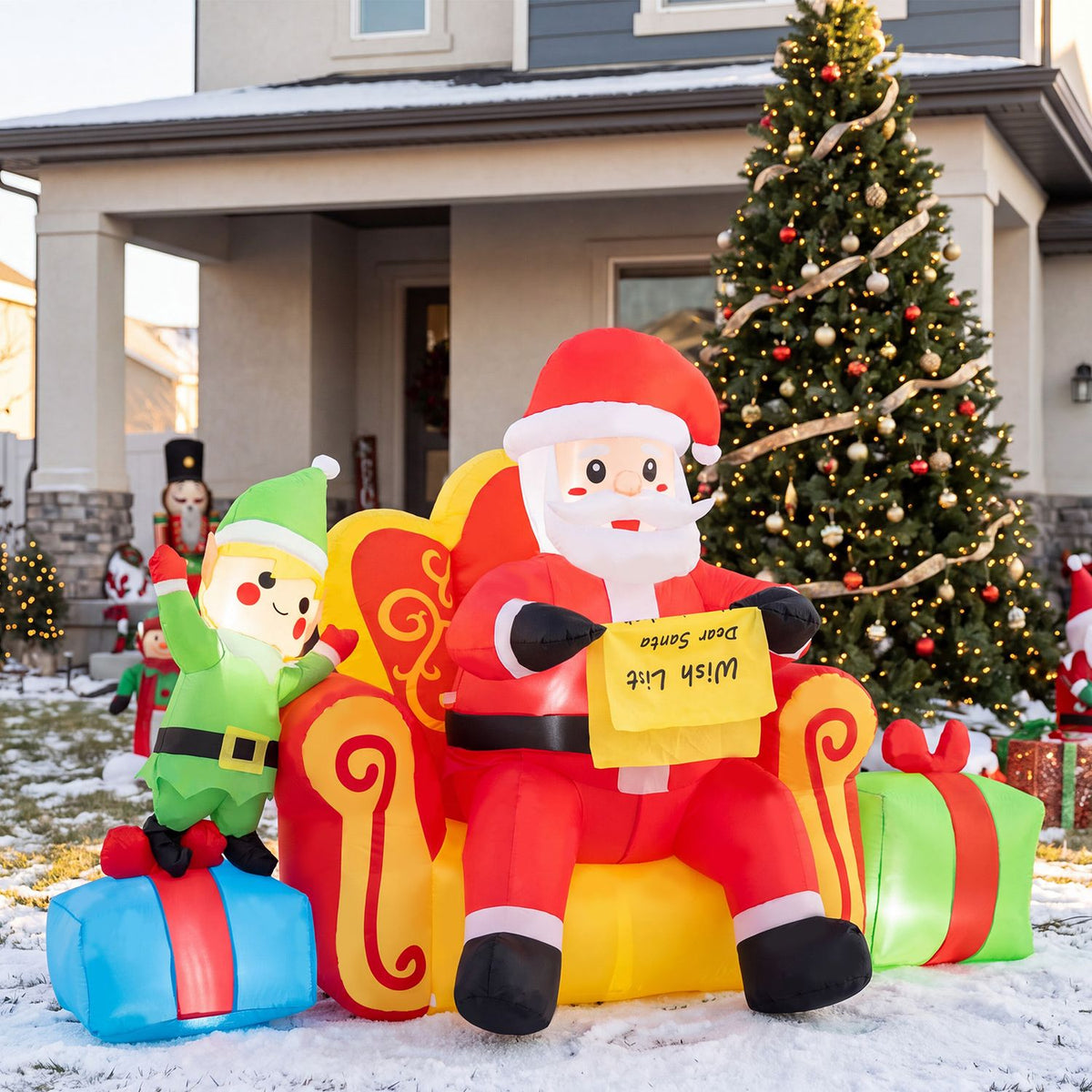 Christmas Inflatable Santa Claus on Sofa with Elf and Gift Boxes
