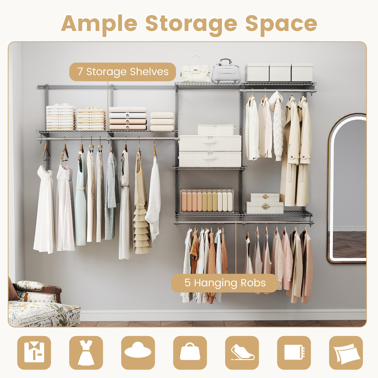 Closet System 4-8 FT Wall-Mounted Closet Shelves and Rod