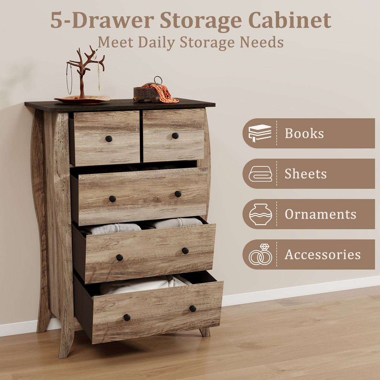 Closet Storage Organizer with 5 Folding Fabric Drawers and Anti-tipping Kit