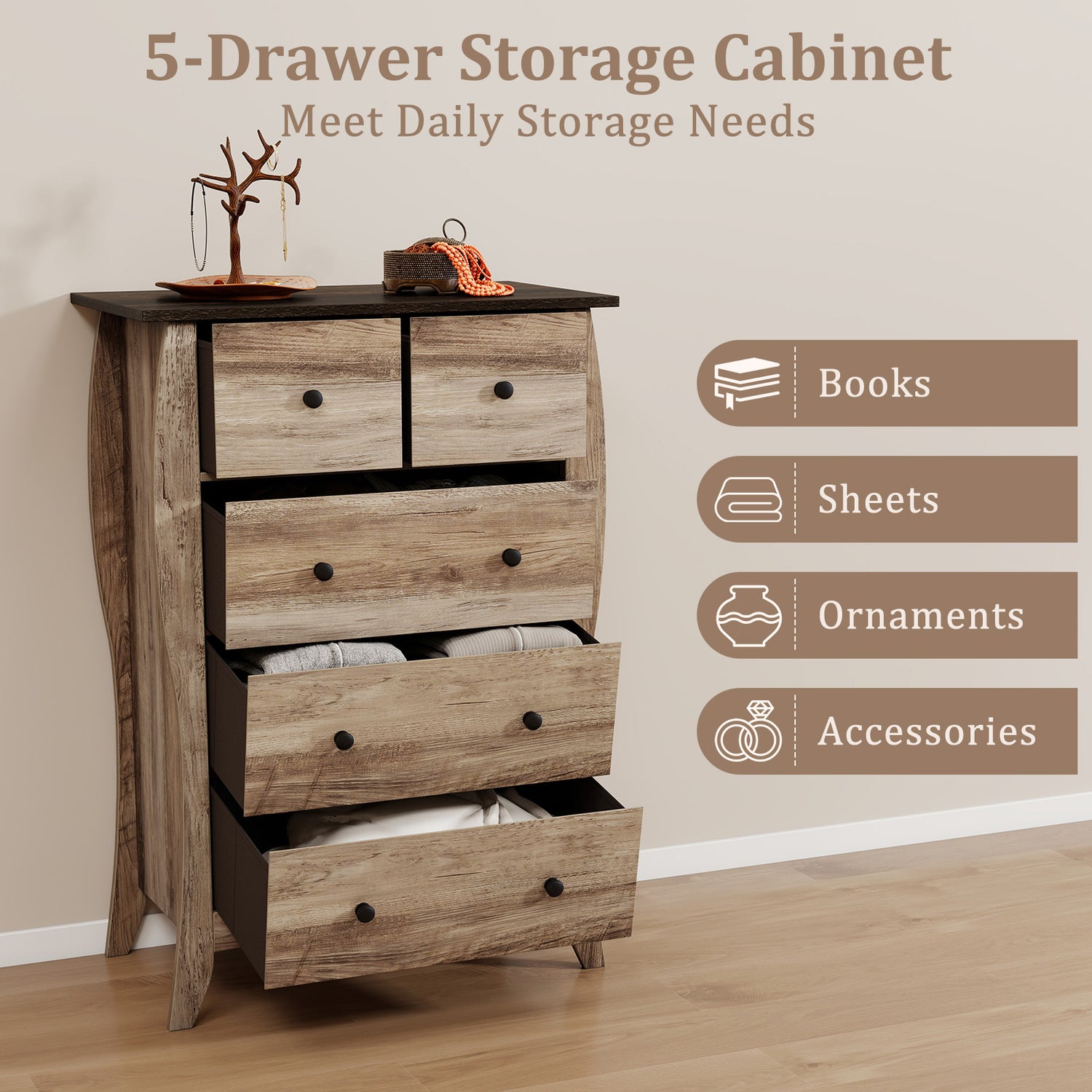 Closet Storage Organizer with 5 Folding Fabric Drawers and Anti-tipping Kit