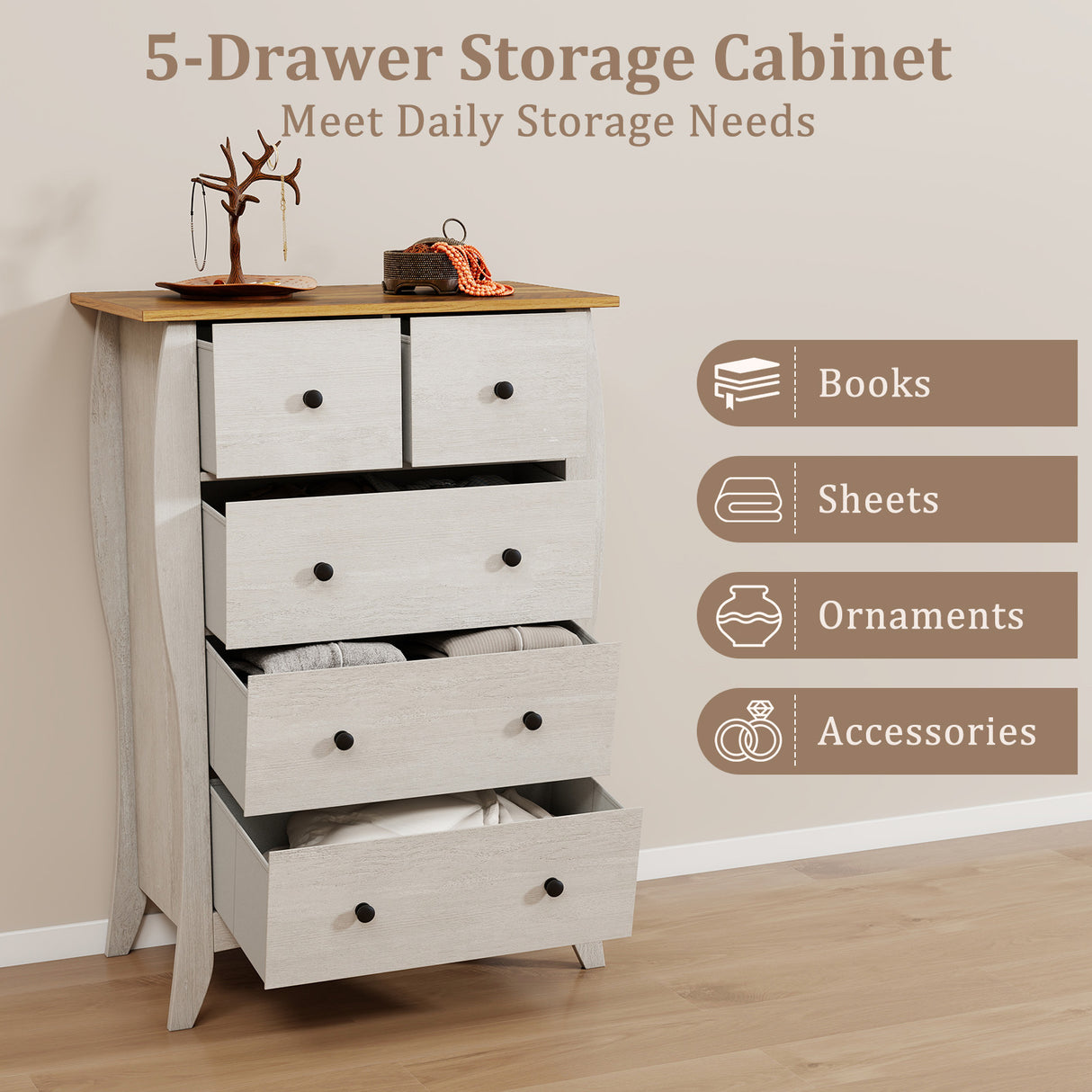 Closet Storage Organizer with 5 Folding Fabric Drawers and Anti-tipping Kit