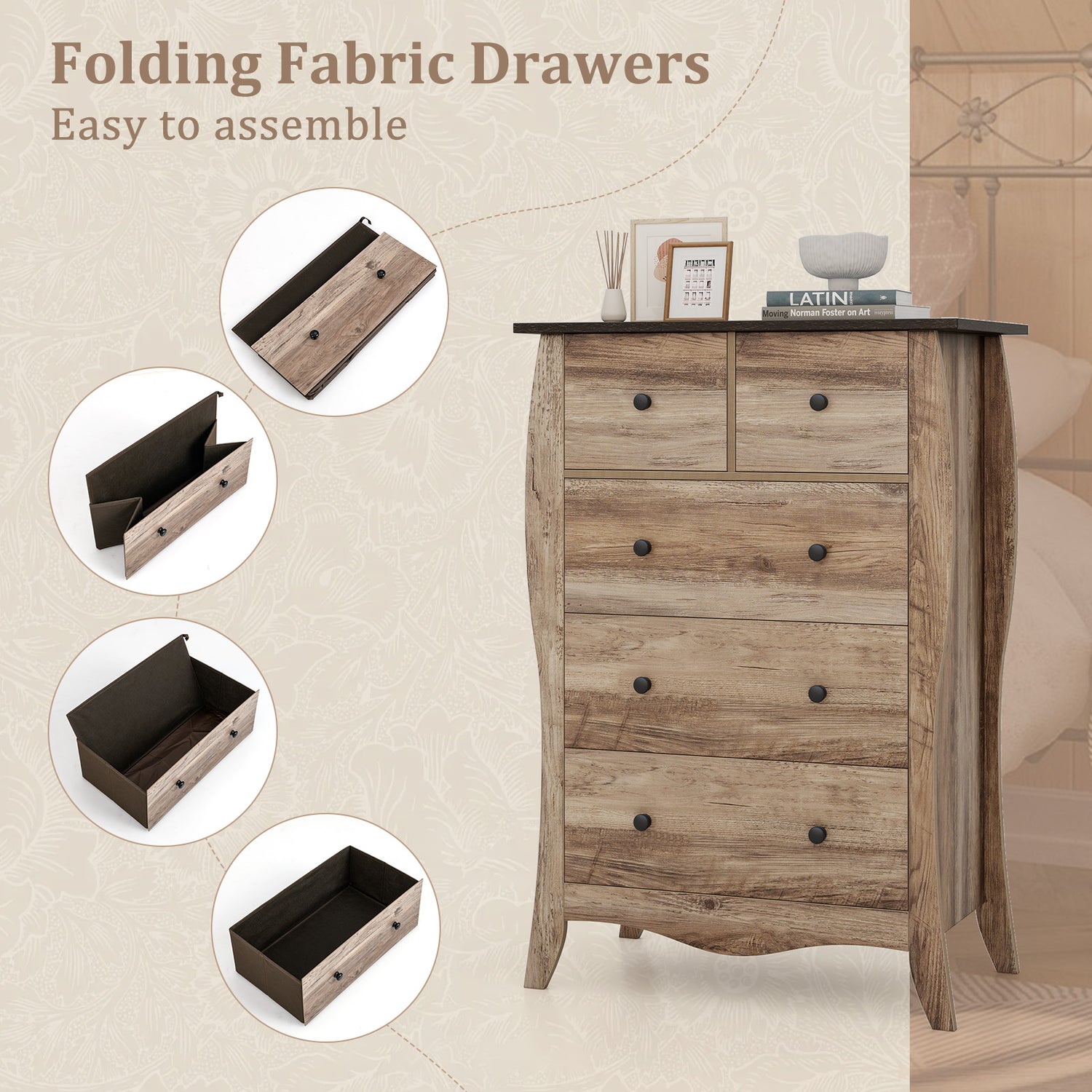 Closet Storage Organizer with 5 Folding Fabric Drawers and Anti-tipping Kit