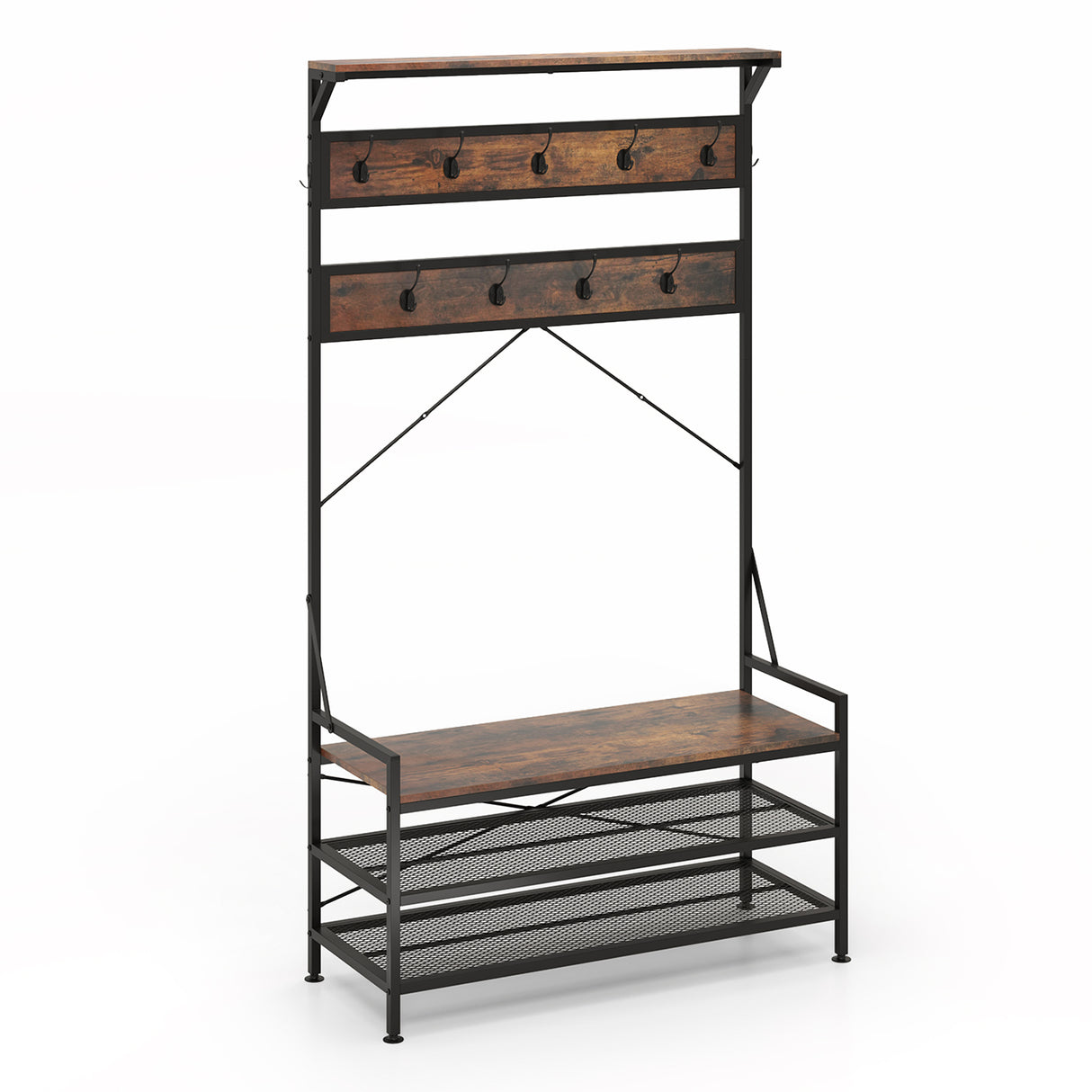 Coat Rack 4-In-1 Hall Tree with 11 Hanging Hooks Shoe Bench