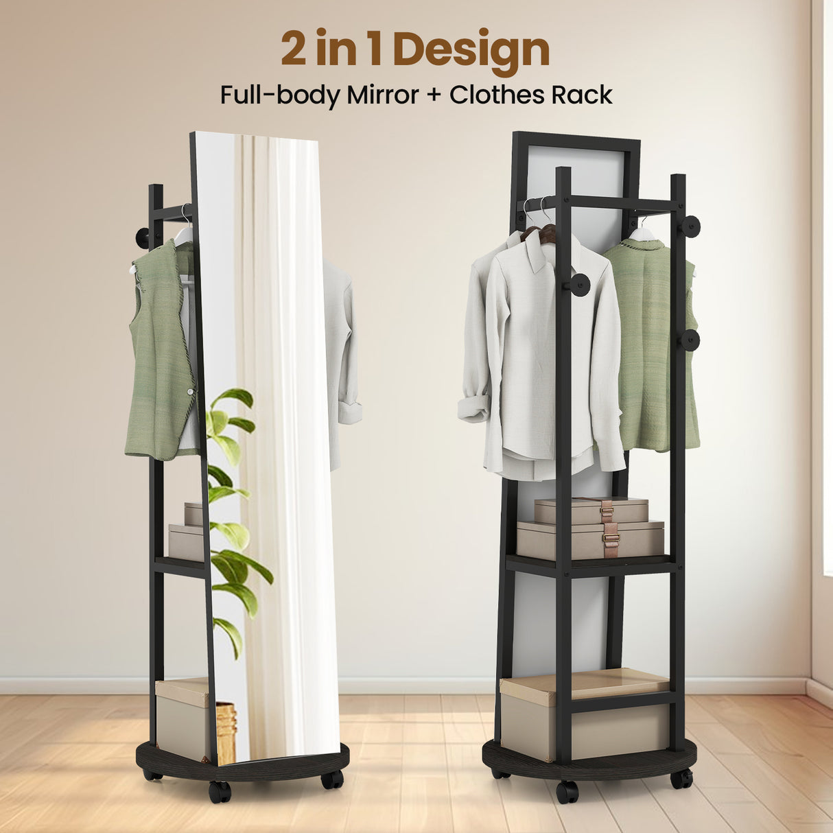 Coat Rack with Full Length Mirror Freestanding Coat Tree with 3 Hooks