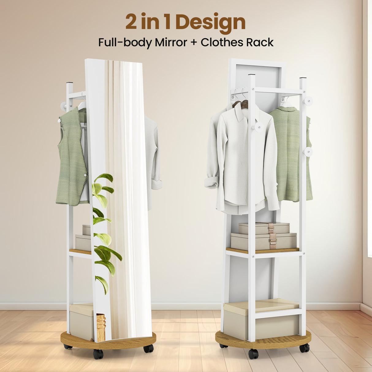 Coat Rack with Full Length Mirror Freestanding Coat Tree with 3 Hooks