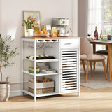 Coffee Bar Cabinet with Glass Holder Wine Rack and Bamboo Top-White