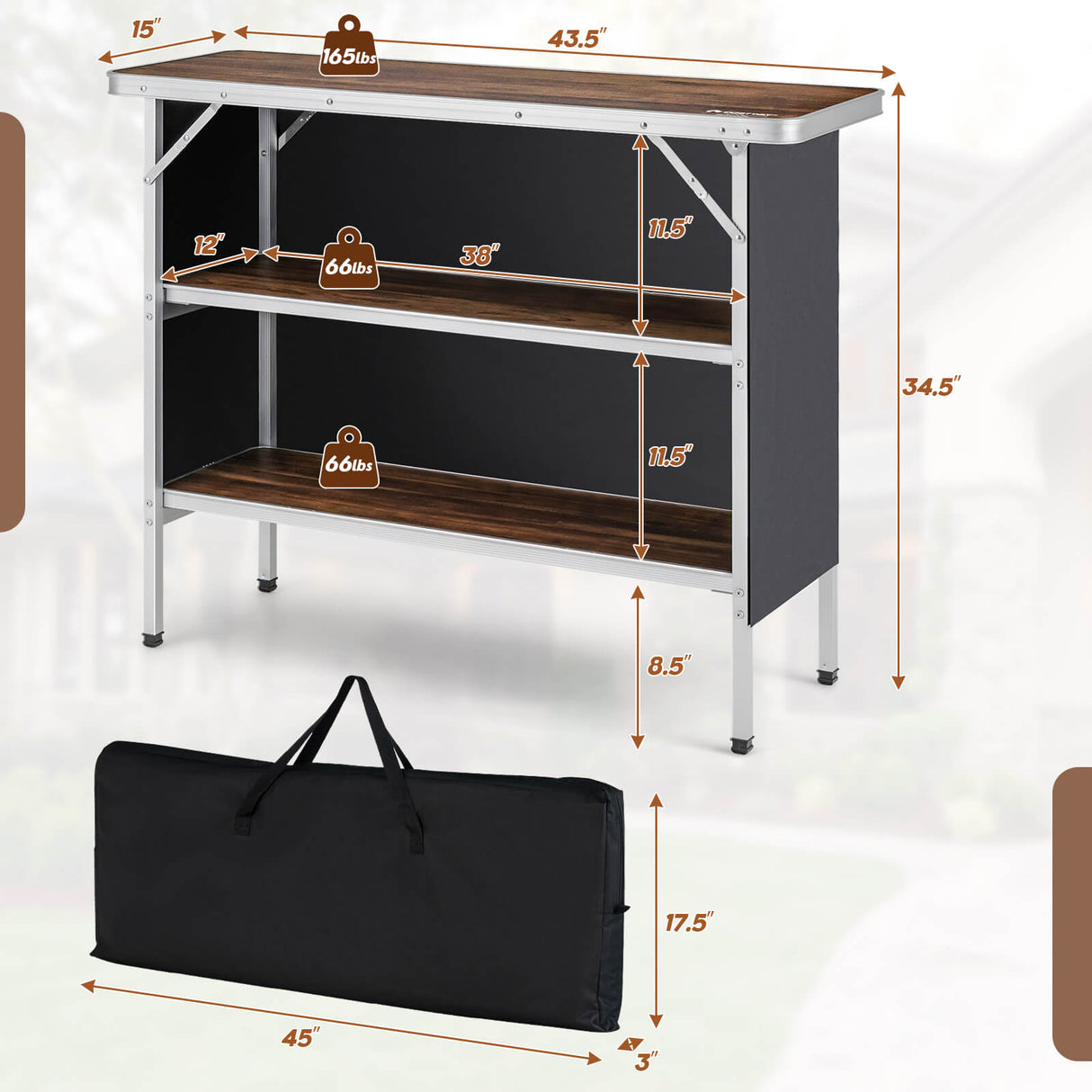 Folding Camping Table with 2-Tier Open Shelves for Outdoor BBQ-Coffee