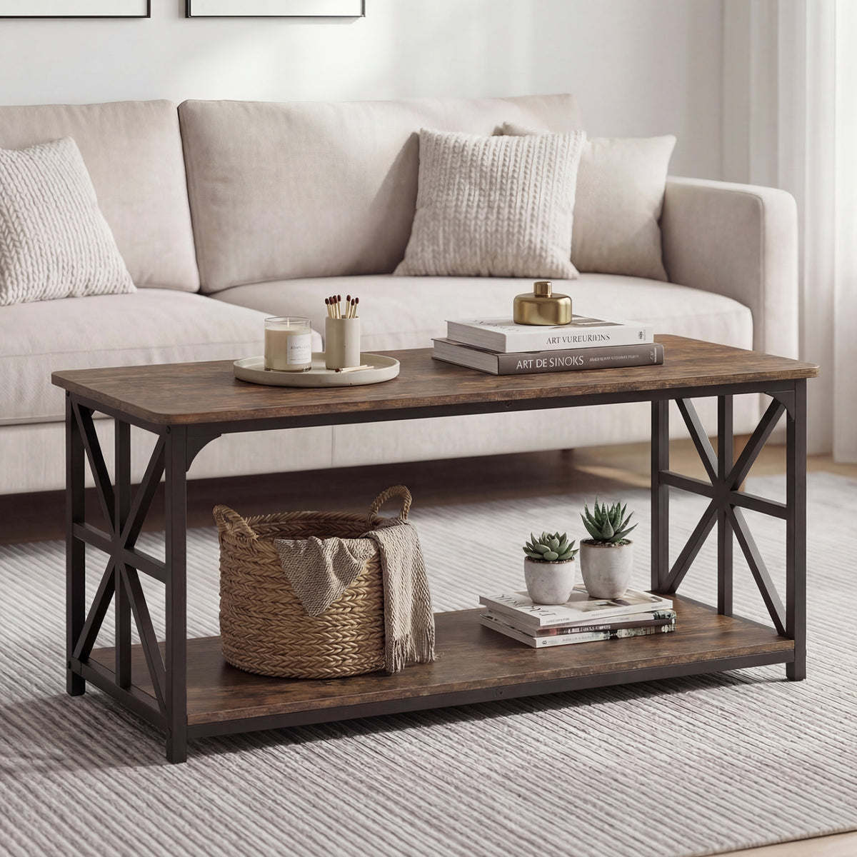 Coffee Table 2-Tier Center Table with Storage Shelf