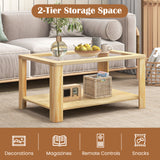 2-Tier Coffee Table Rectangular Center Table with Tempered Glass Tabletop and Storage Shelf-Natural