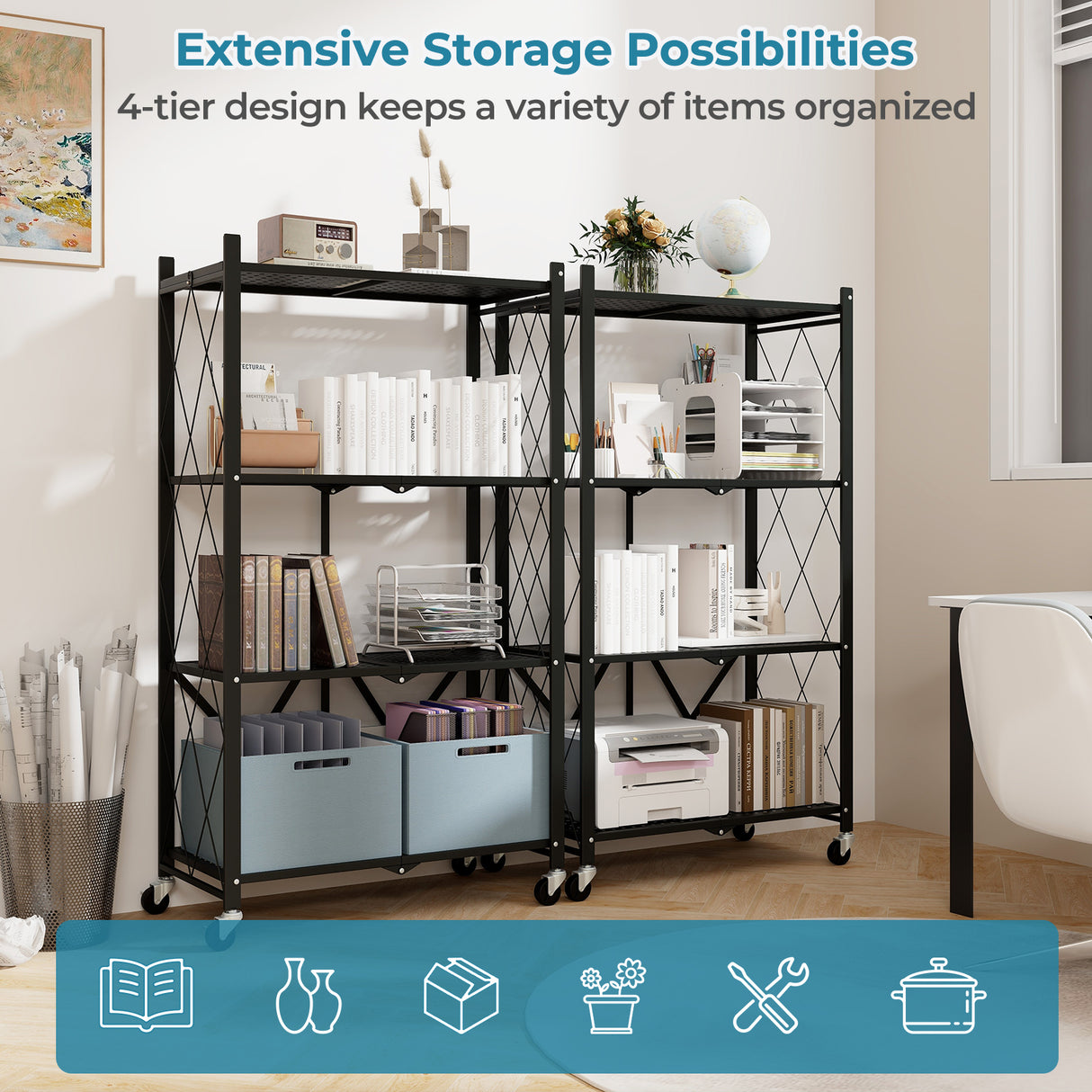 4-Tier Foldable Storage Shelf Collapsible Storage Rack with Lockable Wheels-Black