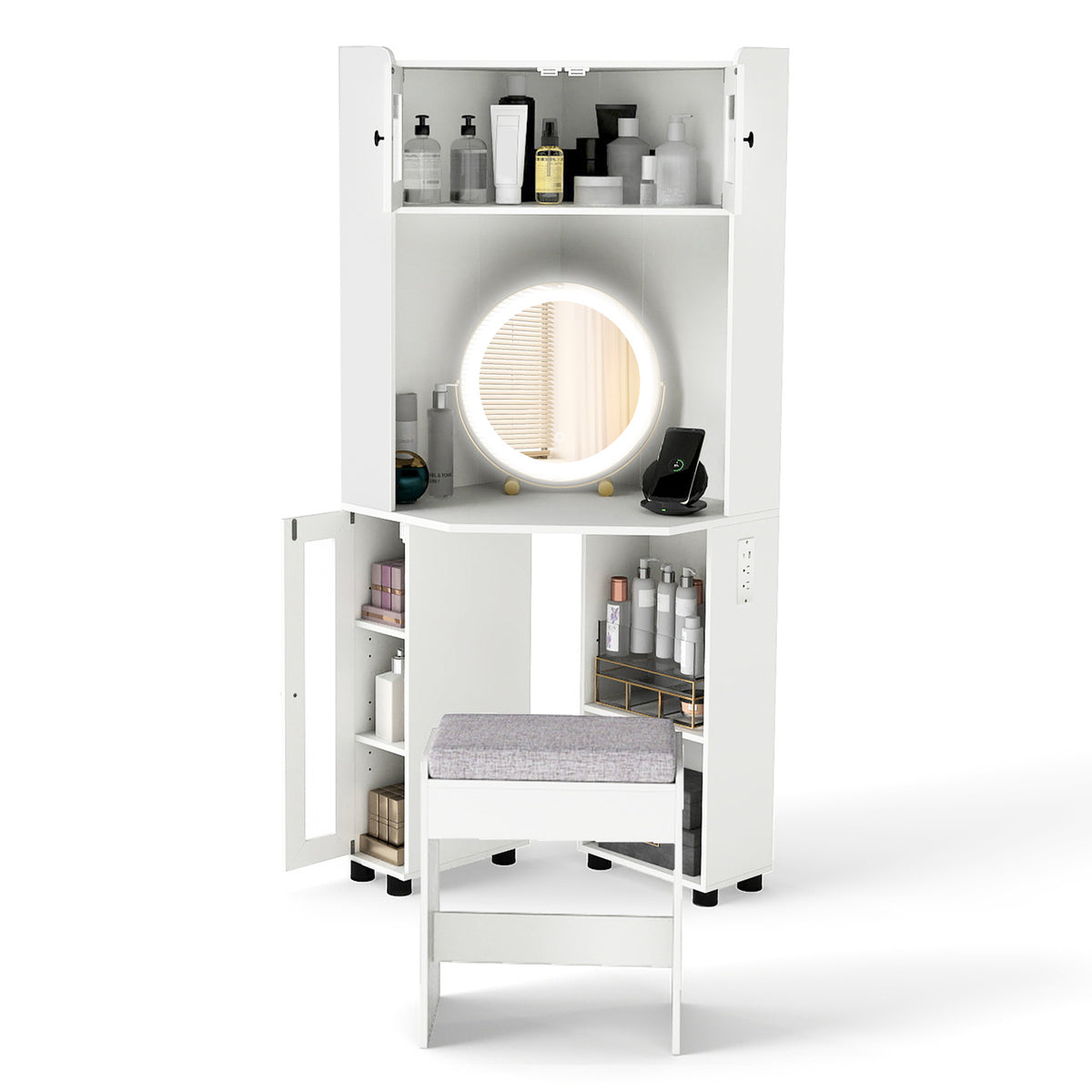 Compact Dressing Corner Vanity Desk with Mirror and Lights-White