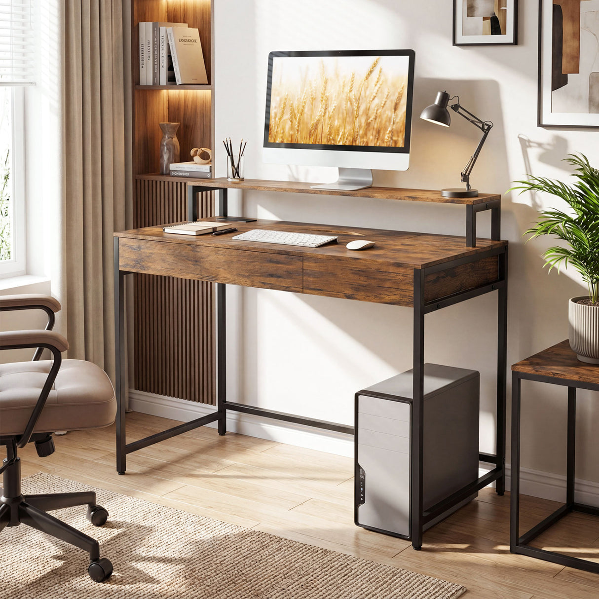 Compact Office Desk with Removable Monitor Shelf and Dual-use Drawer