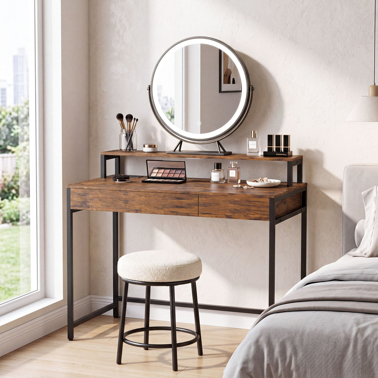 Compact Office Desk with Removable Monitor Shelf and Dual-use Drawer