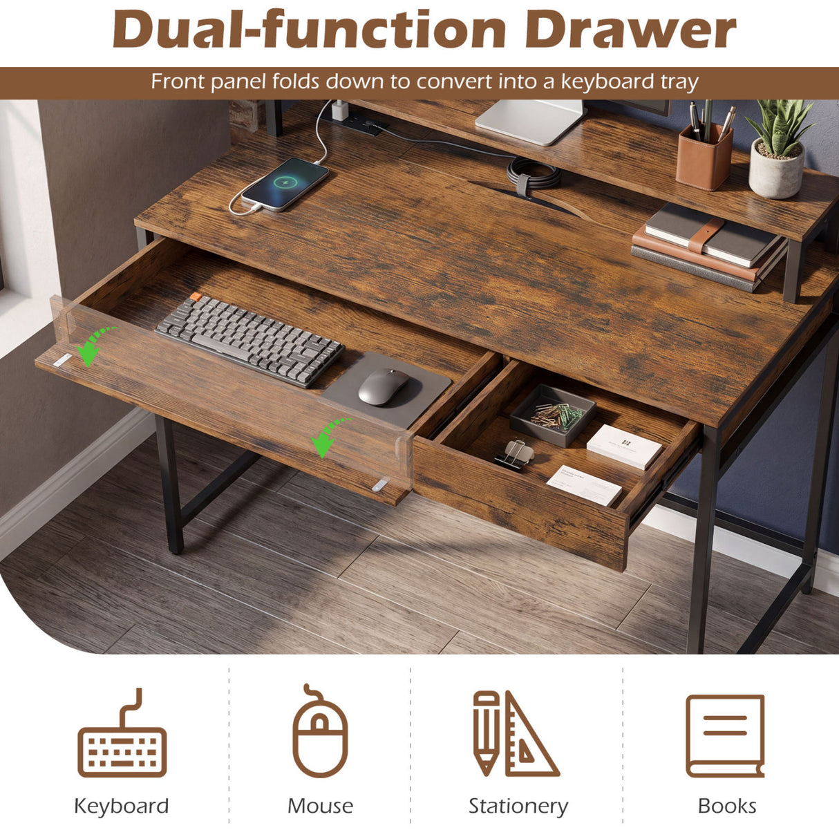 Compact Office Desk with Removable Monitor Shelf and Dual-use Drawer